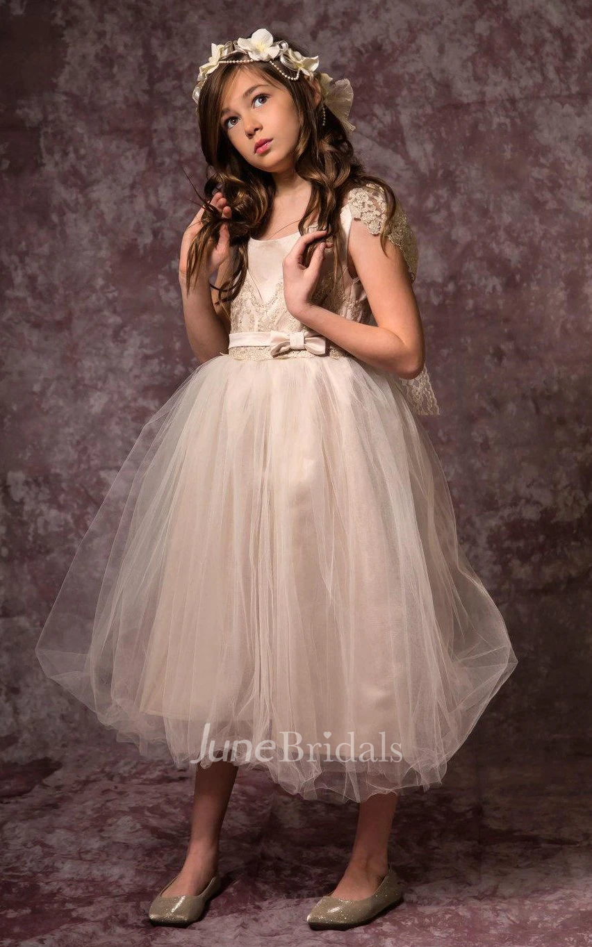 Lace Cap Sleeve Pleated Tulle Dress With Satin Bodice