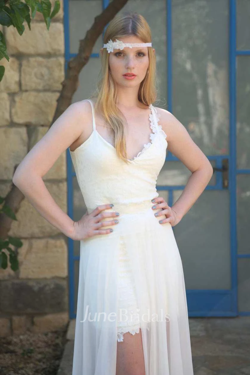 Spaghetti Lace Chiffon Short Wedding Dress With Sweep Train