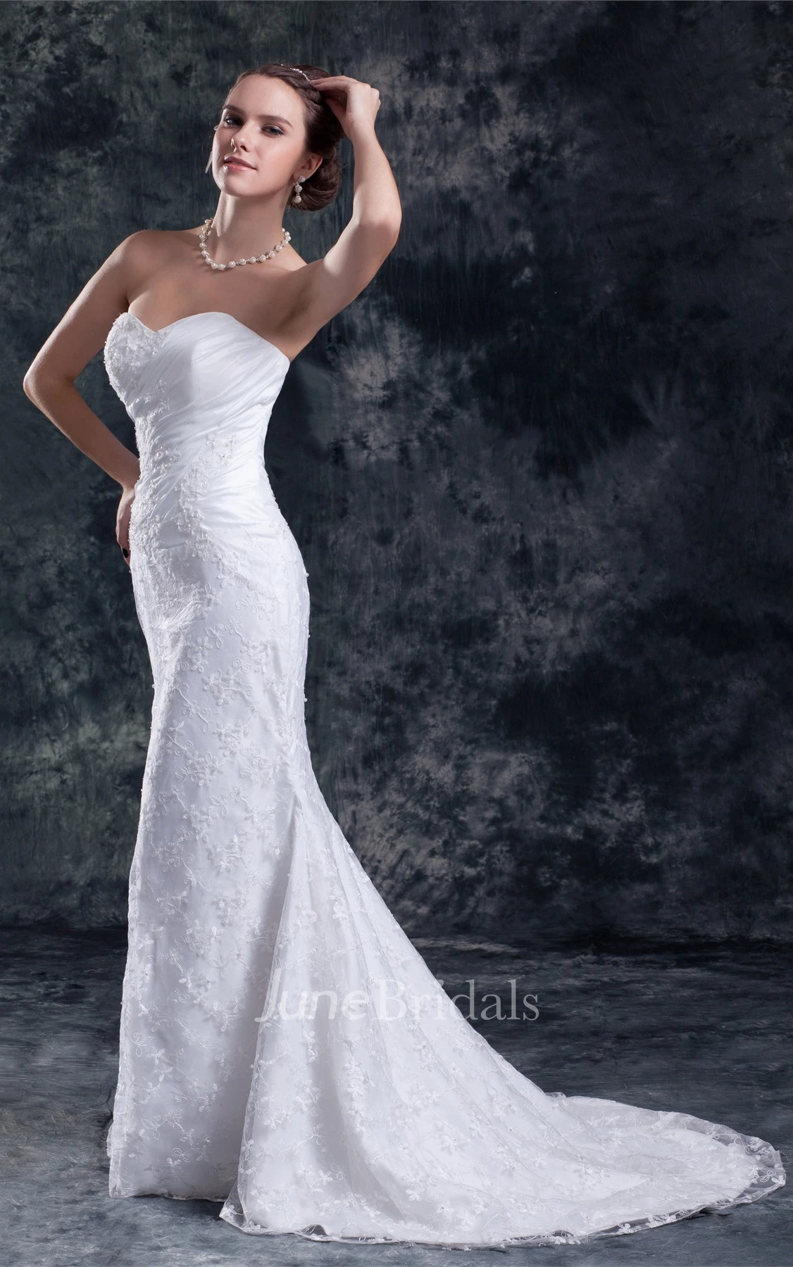 exquisite ruched sheath sweetheart dress with sweep train and lace