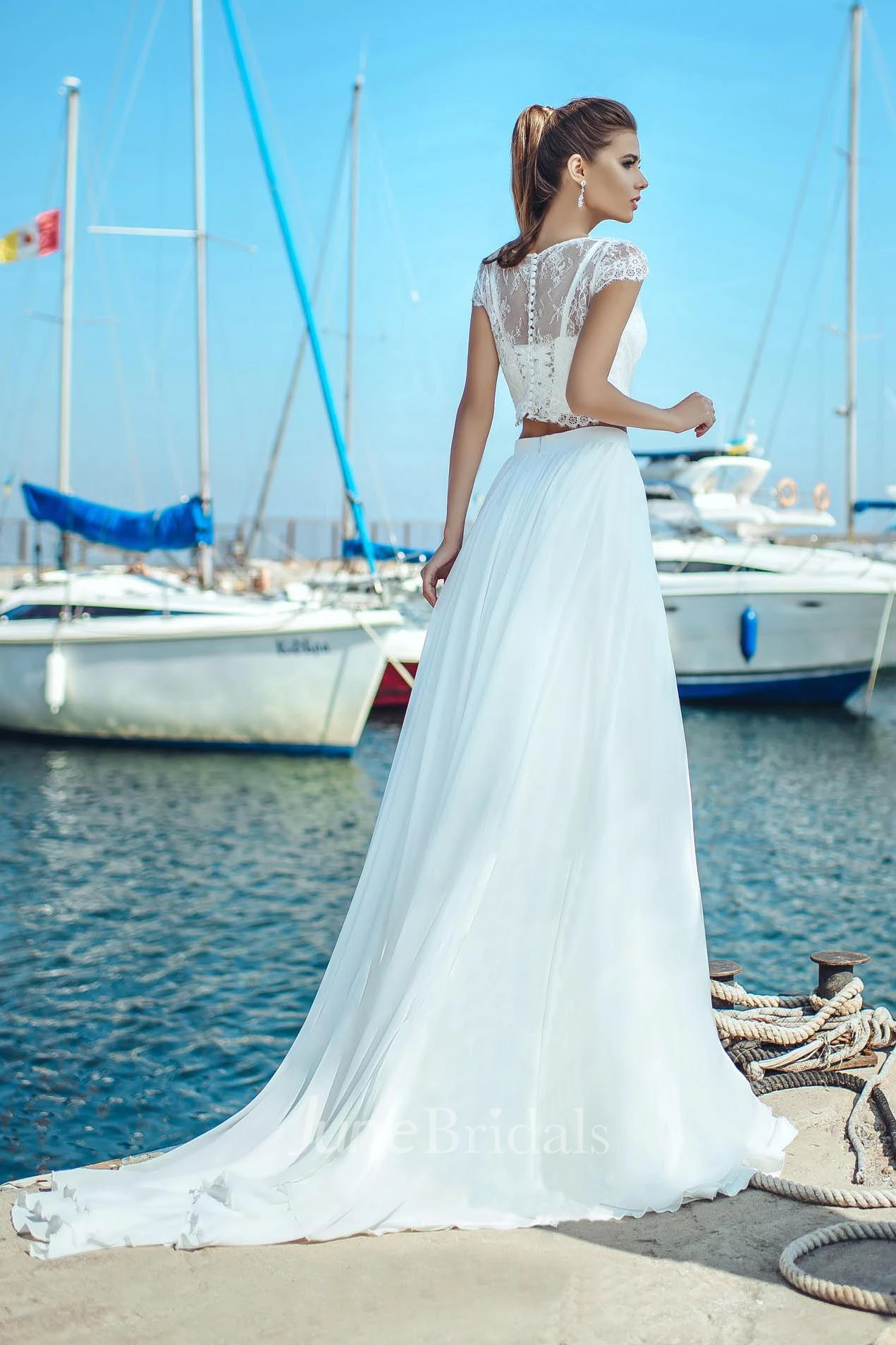 Two-piece Jewel Neck Cap-sleeve Floor Length Pleated Wedding Dress