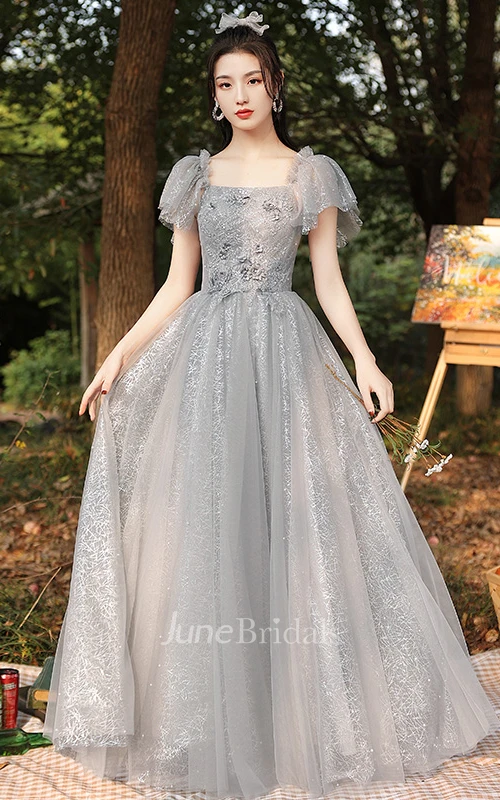 Vintage Tulle High Neck Square V-neck A Line Evening Formal Dress With Appliques and Ruffles