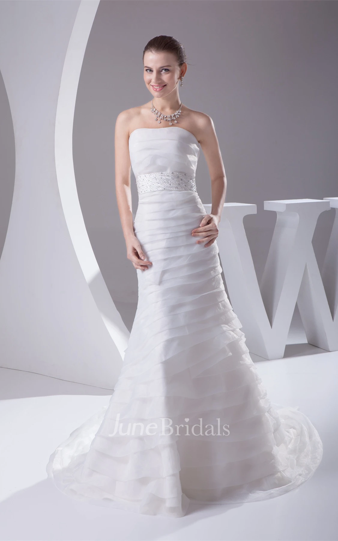 Strapless A-Line Dress with Overall Ruched Design and Gemmed Waist