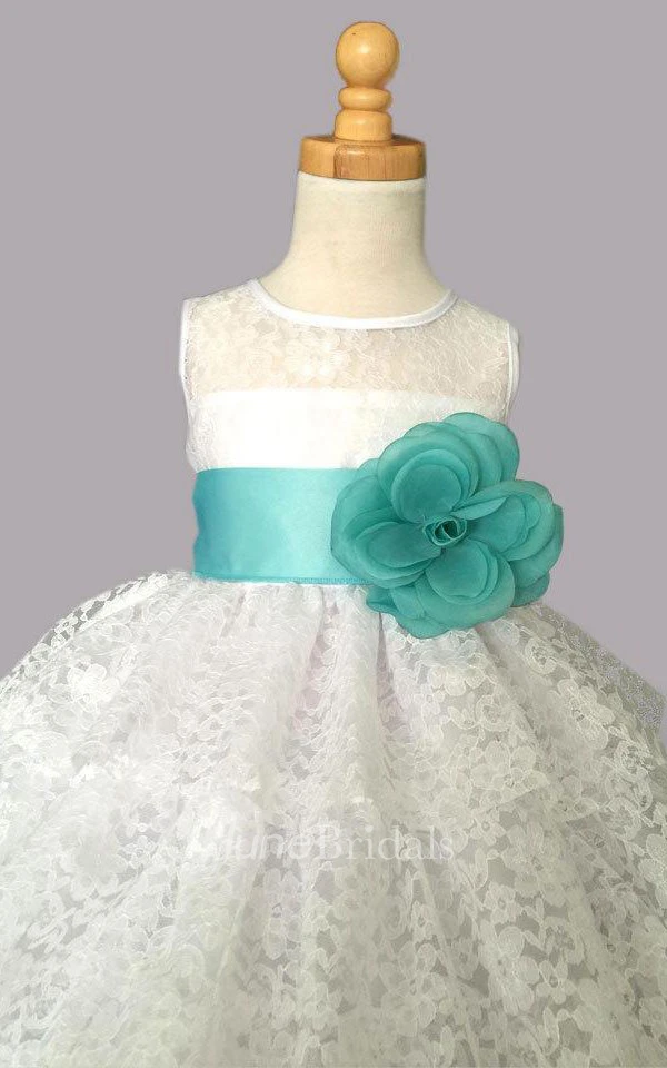 Lace Sleeveless Jewel Neck Dress With Flower&Ruffles