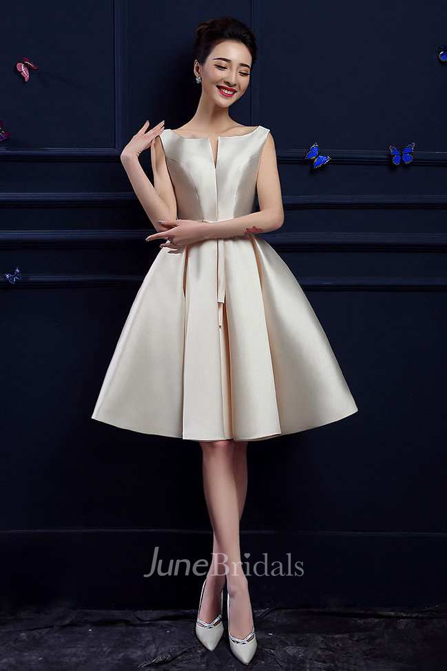 Sleeveless Bateau Neck Pleated Knee Length Satin Dress
