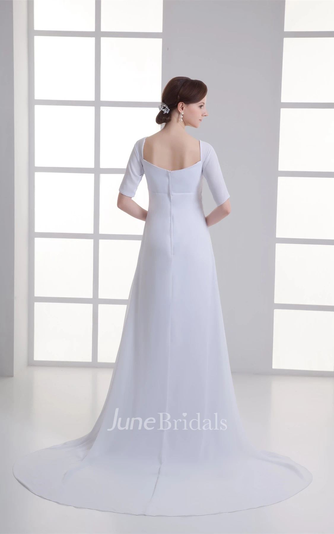 Short-Sleeve Empire Chiffon Maxi Dress with Draping and Sweep Train