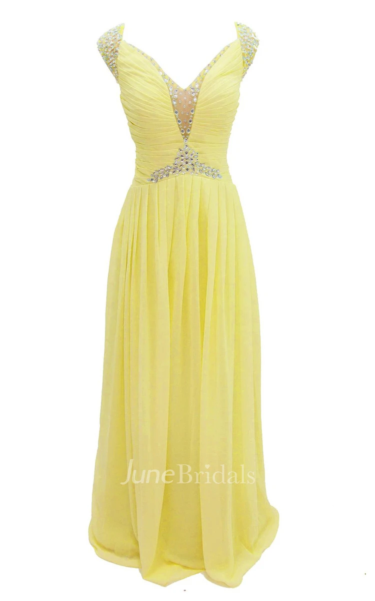 Cap-sleeve V-neck Chiffon A-line Gown With Crystal Detail