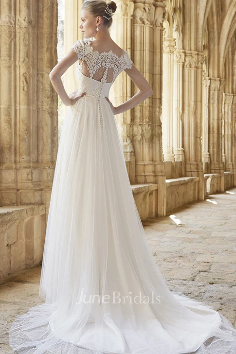 A-Line Cap Sleeve Empire Bateau Neck Lace Tulle Wedding Dress