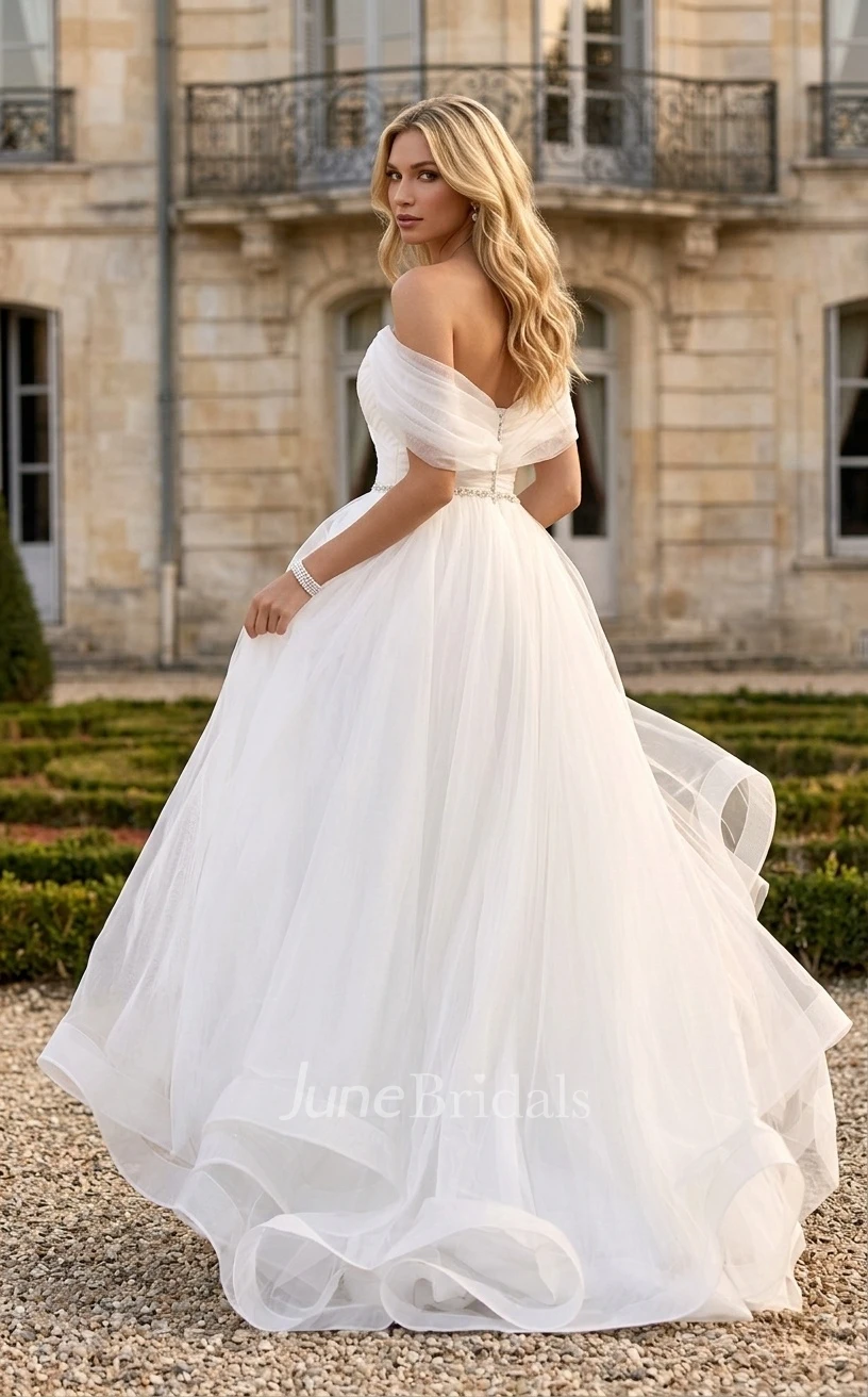 Modern Simple A-Line Off-the-Shoulder Sweetheart Wedding Dress Fairy Modest Ruched Tulle Bridal Gown with Sweep Train