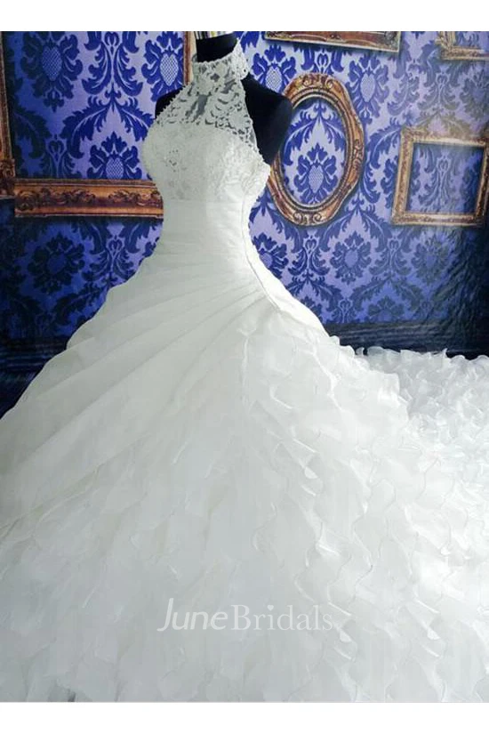 Gorgeous Ruffles Lace High Neck Wedding Dress Court Train Zipper