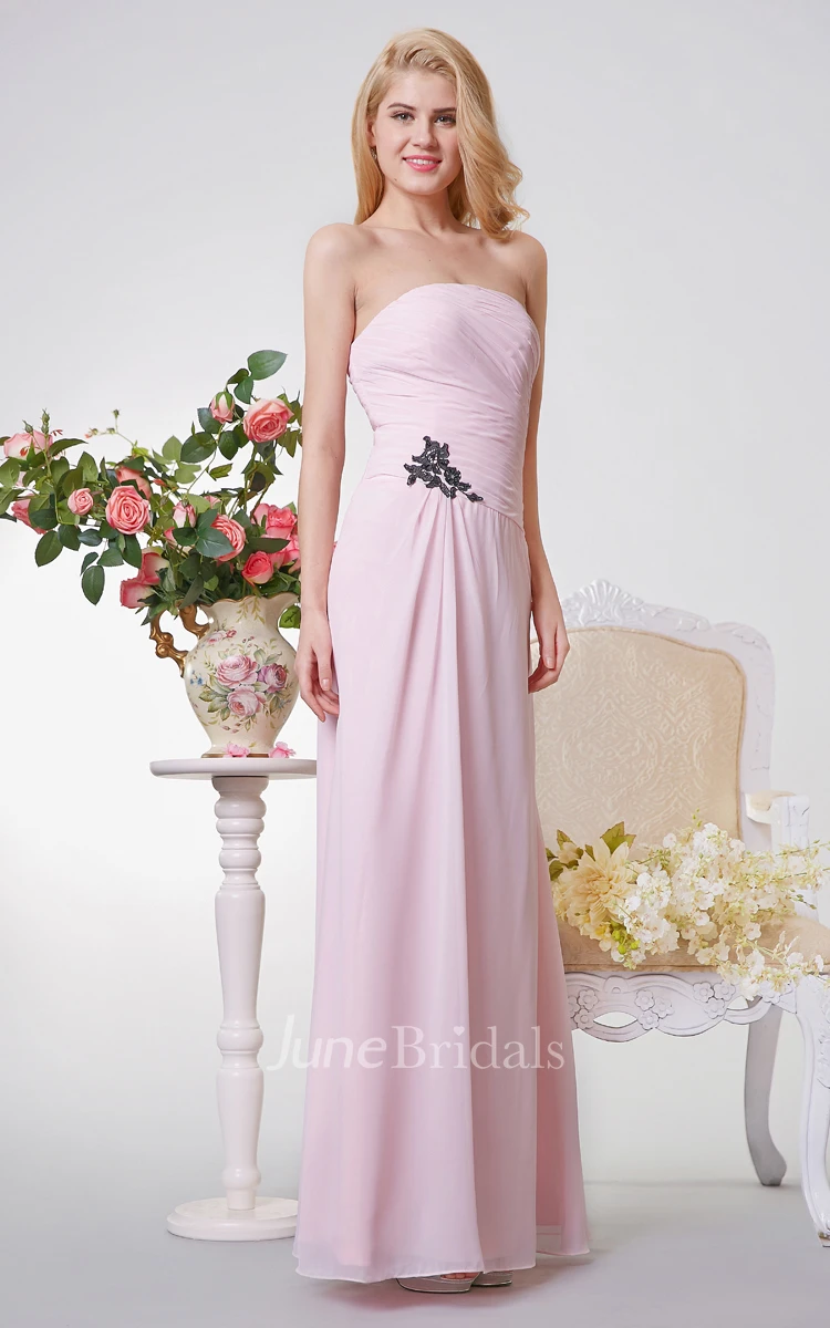 Elegant Strapless Ruched A-line Long Chiffon Dress With Appliques