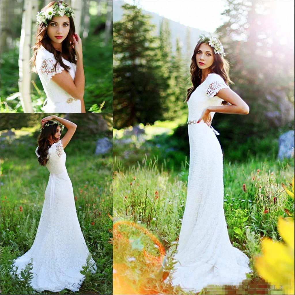 Vintage Country Modest Cap Sleeve Bohemian Crochet Lace A-line Wedding Dress with Beaded Belt