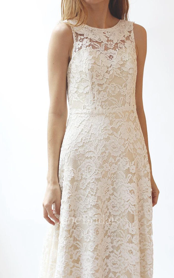 Jewel Neck Sleeveless A-Line Rose Lace Wedding Dress