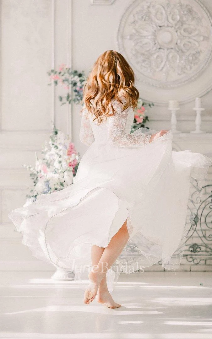 Tulle Long Sleeve Floor-Length Lace Illusion Dress