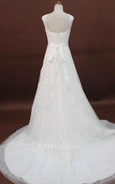 Jewel Neck Sleeveless Long A-Line Lace Wedding Dress With Beading