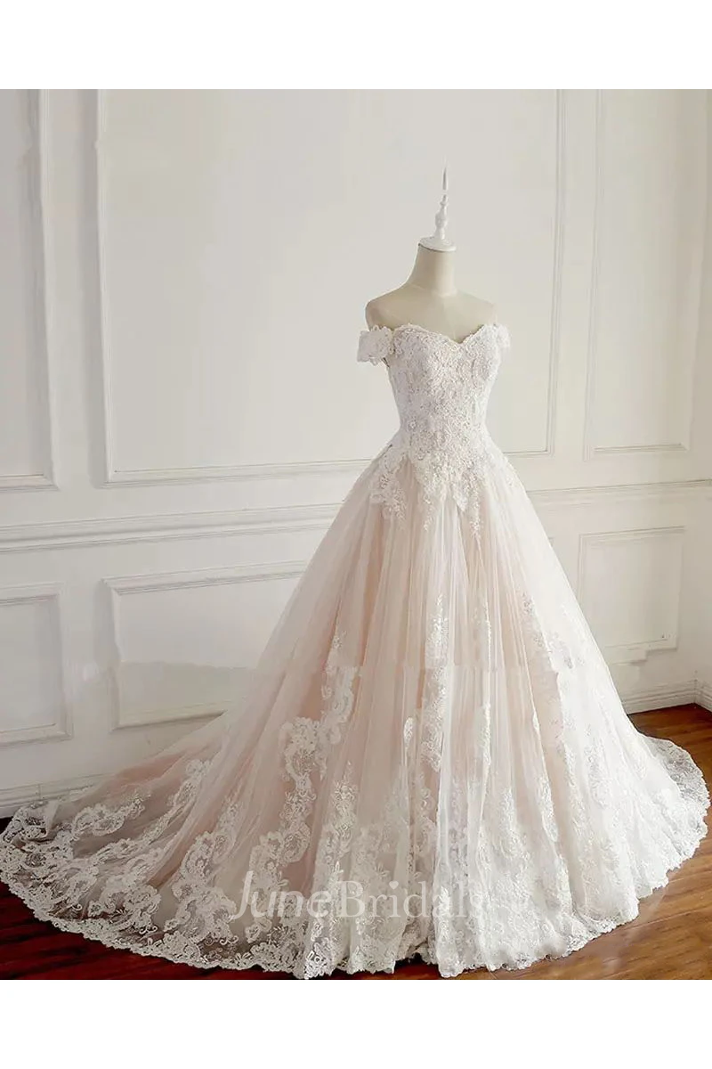 A-line Off-the-shoulder Sleeveless Floor-length Chapel Train Lace Tulle Wedding Dress with Pleats
