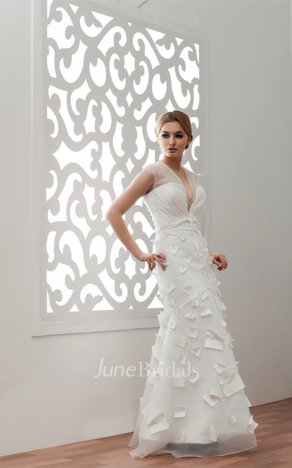 Plunged Illusion Floor-Length Dress with Ruching and Flower