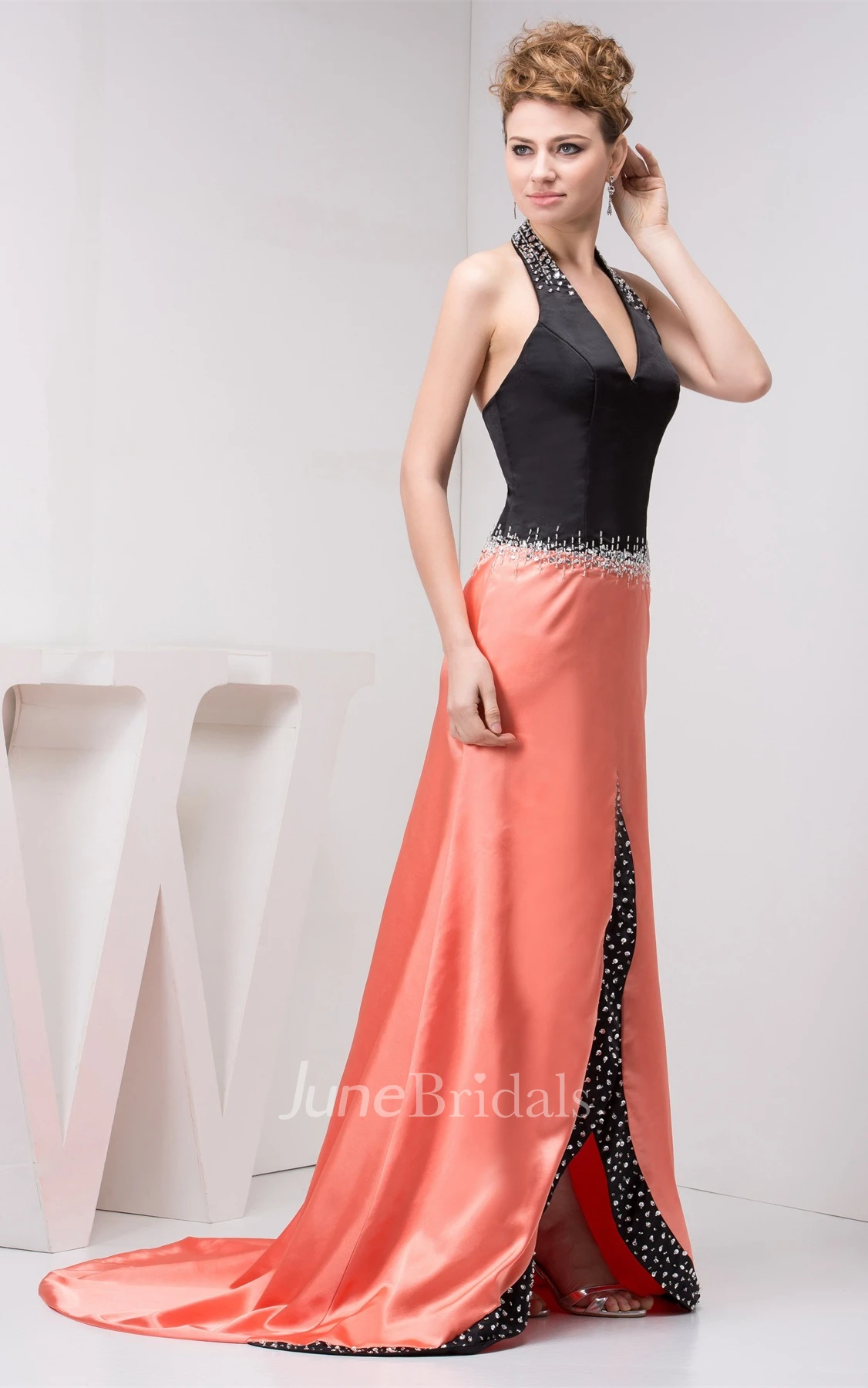 Two-Tone Front-Split Maxi Dress with Beading and Halter