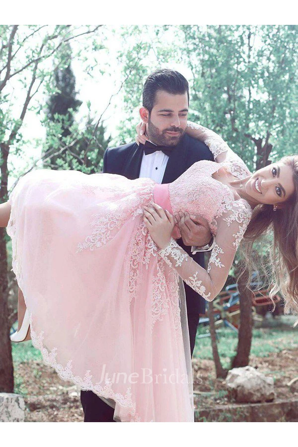 A-line V-neck Long Sleeve Pleats Sash Ribbon Knee-length Lace Homecoming Dress