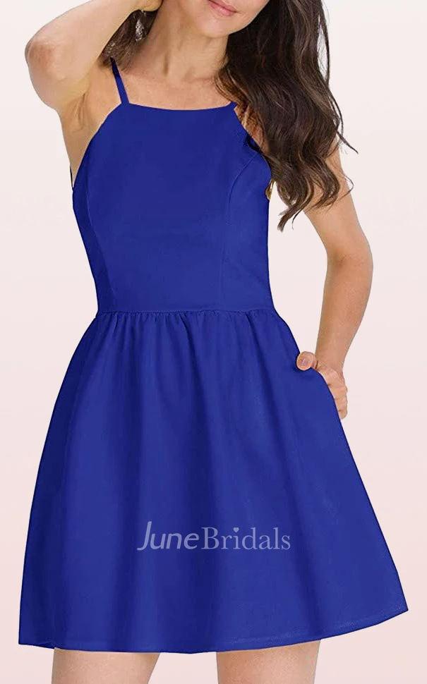 Casual A Line Taffeta Spaghetti Square Sleeveless Cocktail Dress with Pockets
