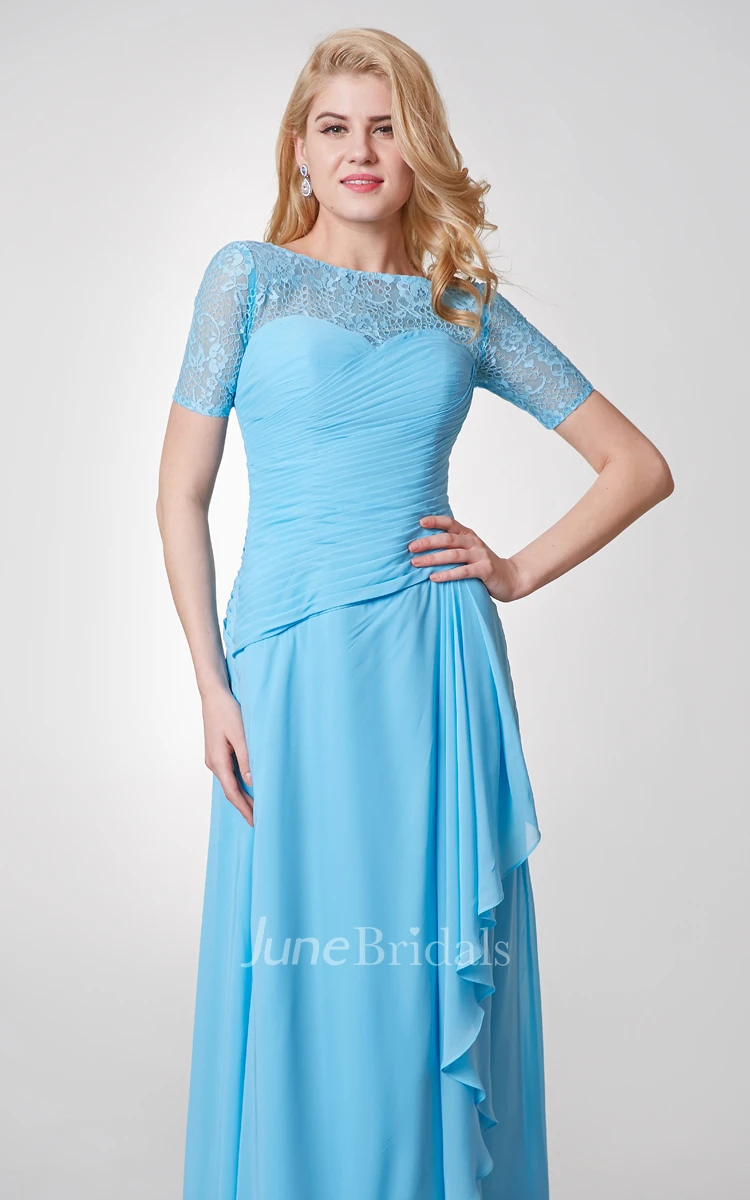 Bateau Neckline Long Chiffon Dress With Lace Top