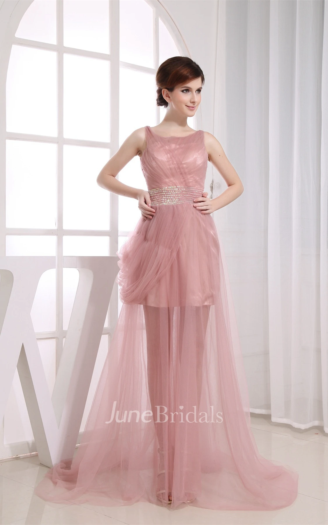 Sleeveless V-Neck Tulle A-Line Dress with Ruching and Beaded Waist