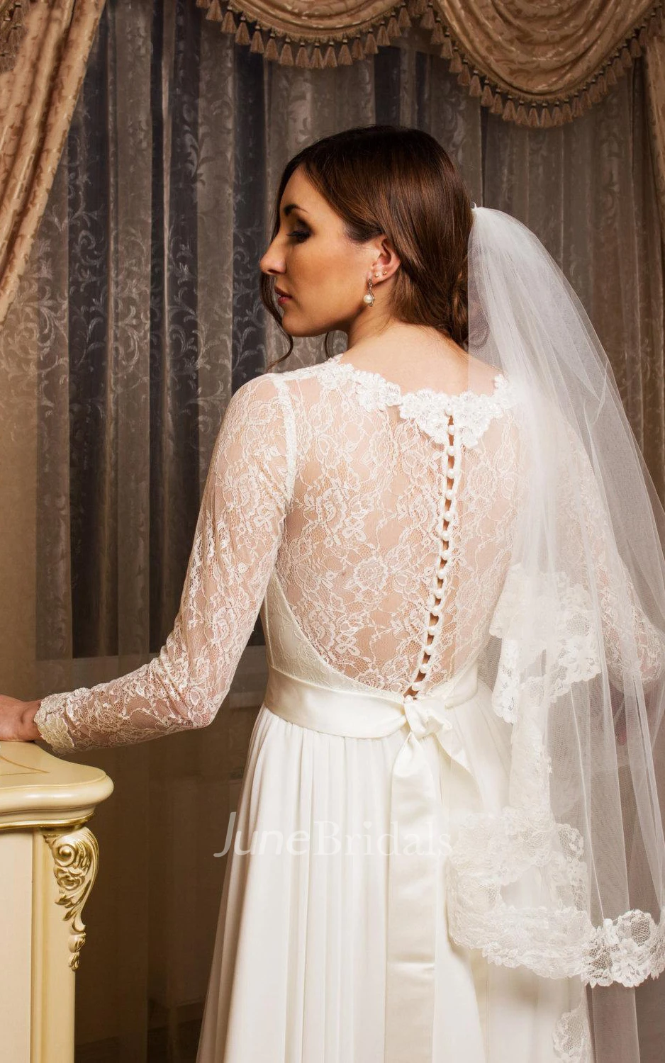 Long Sleeve Chiffon Lace Satin Weddig Dress