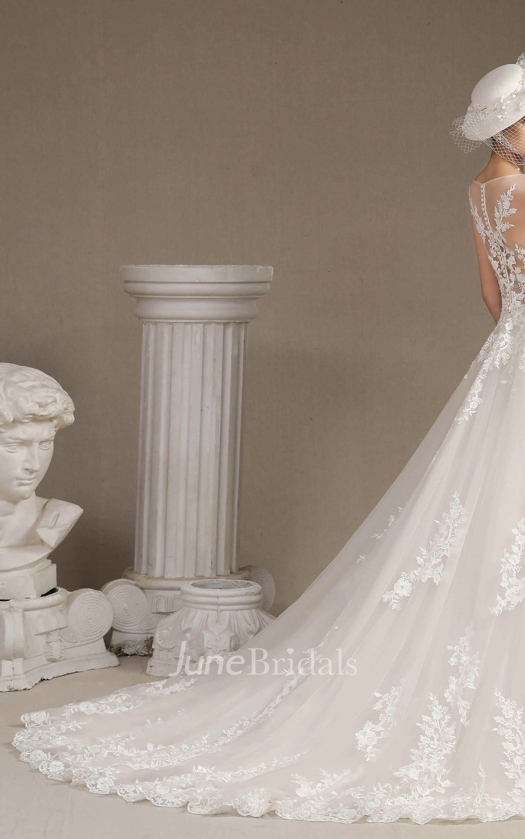 Illusion Top Cap Sleeve Lace Appliqued Ballgown Wedding Dress With Button Back