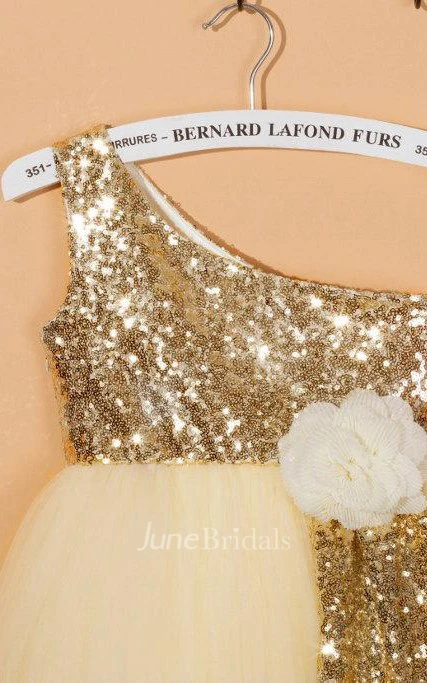 One Shoulder Pleated Tulle Dress With Sequins&Flower