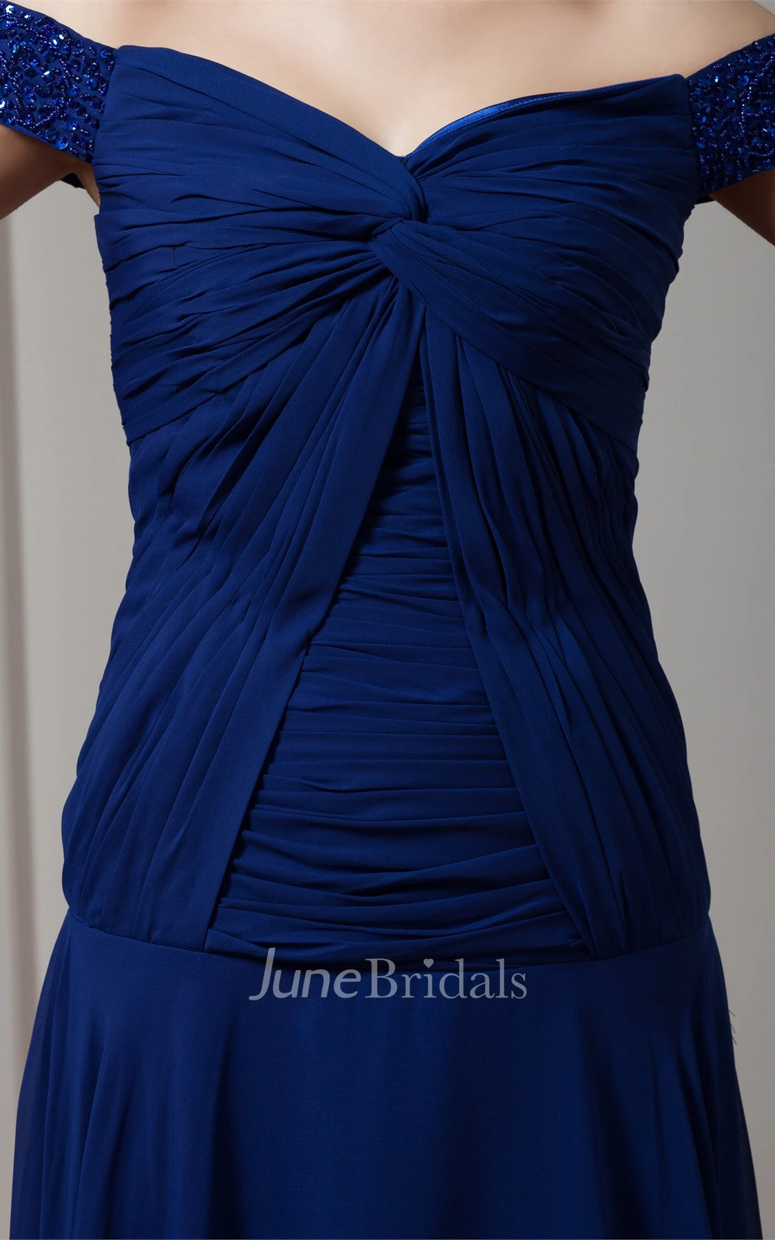 Off-The-Shoulder Chiffon Maxi Dress with Beading and Central Ruching