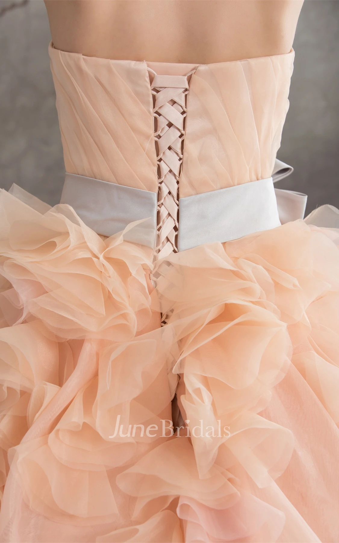 Strapless Ruched Pick-Up Gown with Ruffles and Bow