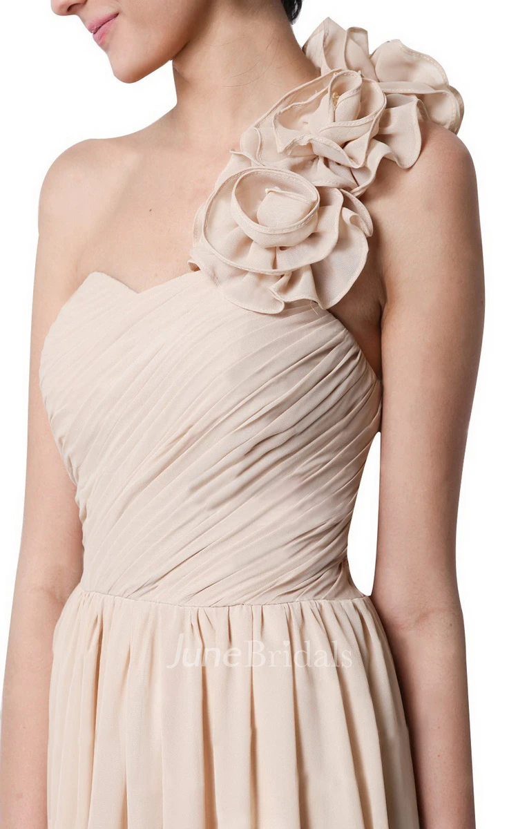 One-shoulder Long Chiffon Dress With Flowers