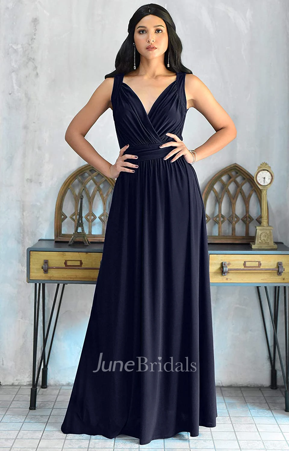 Sexy A Line V-neck Chiffon Sleeveless Long Bridesmaid Dress