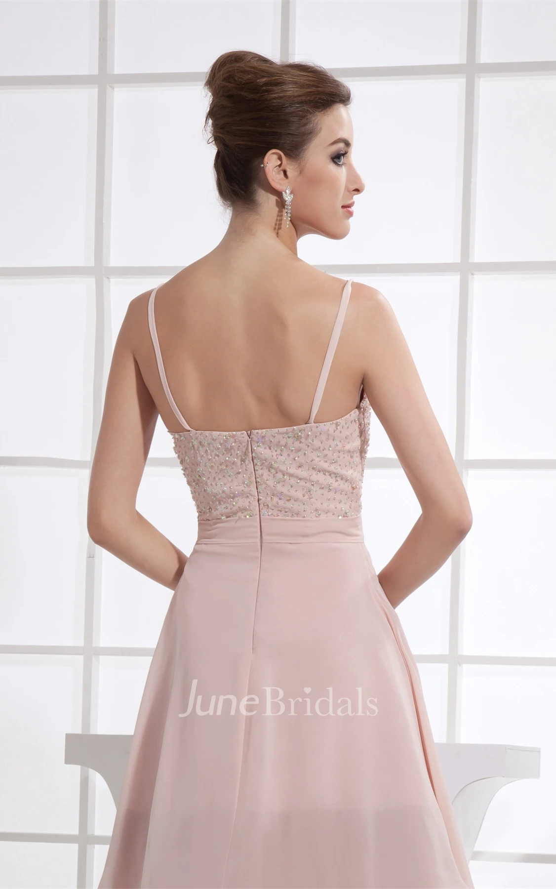 Spaghetti-Straps Knee-Length A-Line Chiffon Dress with Beadings and Zipper Back