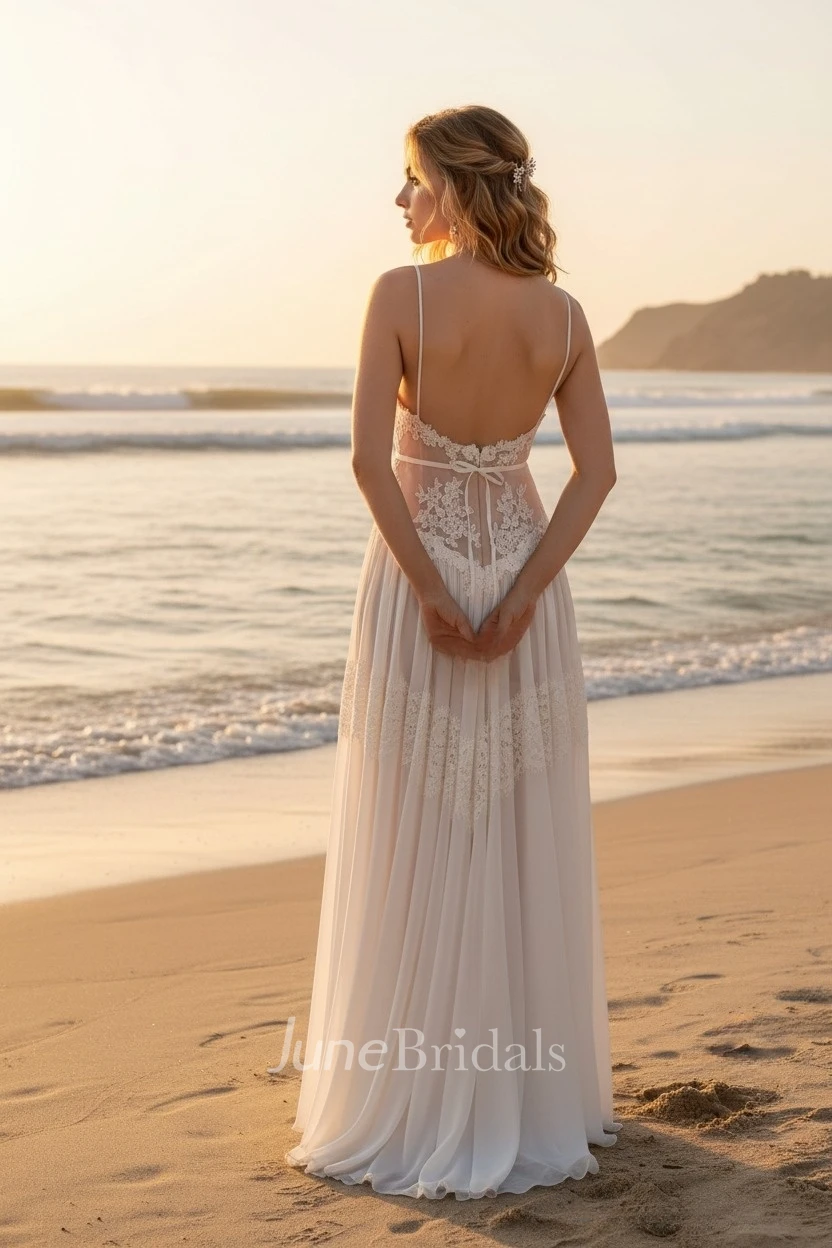 Boho Lace Beach Wedding Dress Flowy Chiffon Lightweight Bridal Gown for Destination & Summer Weddings