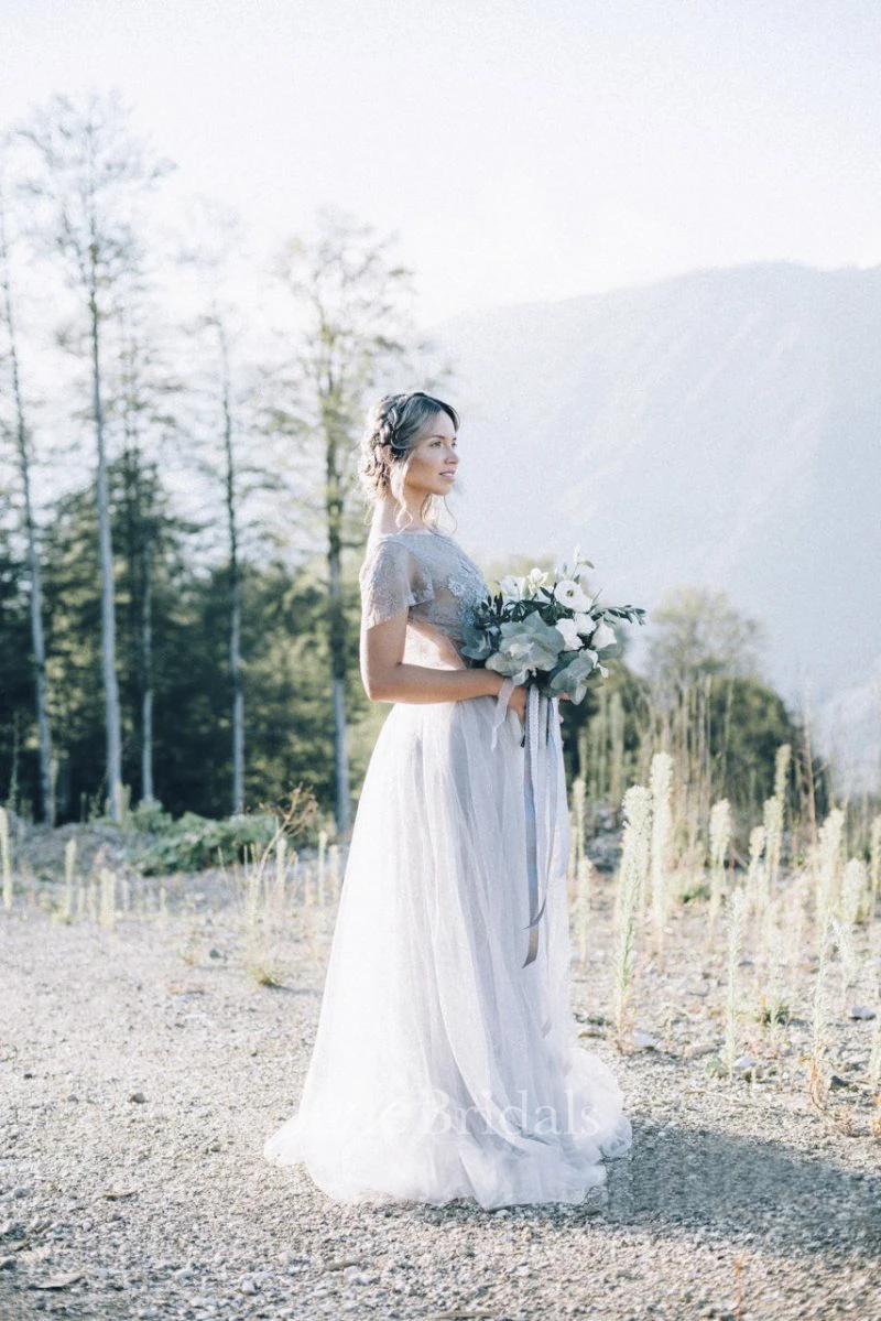 Simple Tulle Boho Open Back Wedding Dress With Lace Appliques