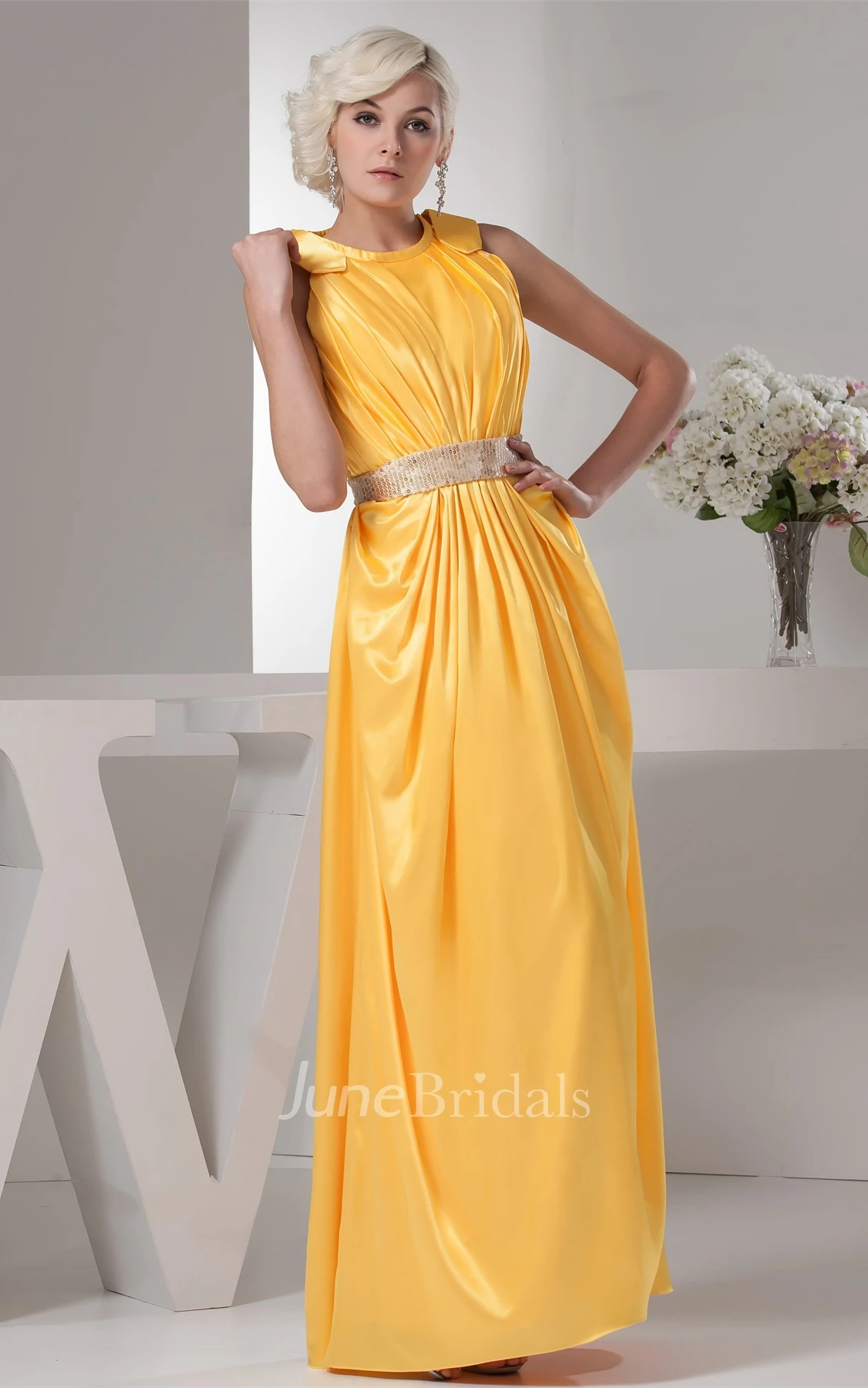 Caped-Sleeve Ruched Ankle-Length Dress with Gemmed Waist