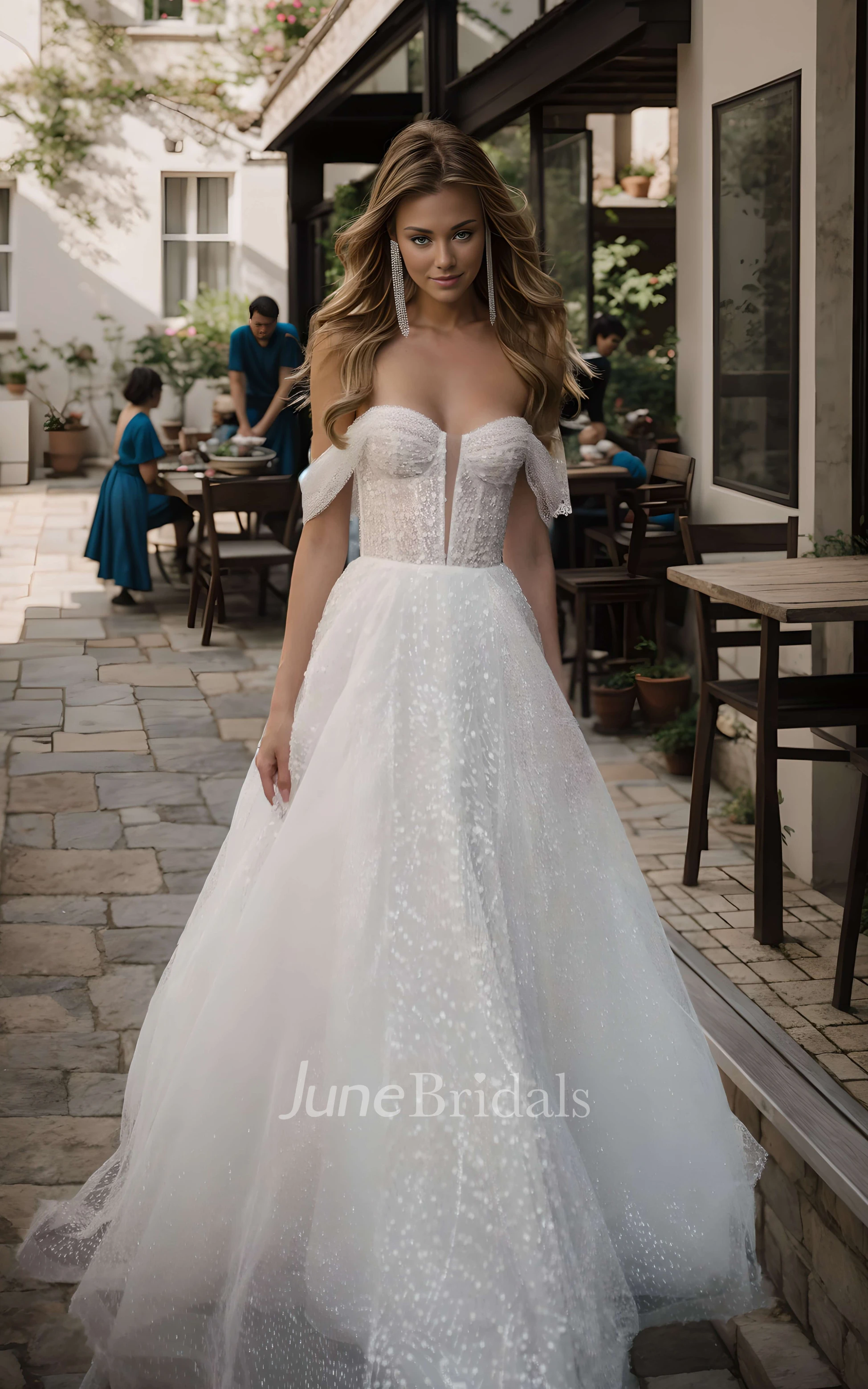 Boho A-Line Off-the-Shoulder Wedding Dress Romantic Sparkly Sequins Sleeveless Floor-Length Bridal Gown