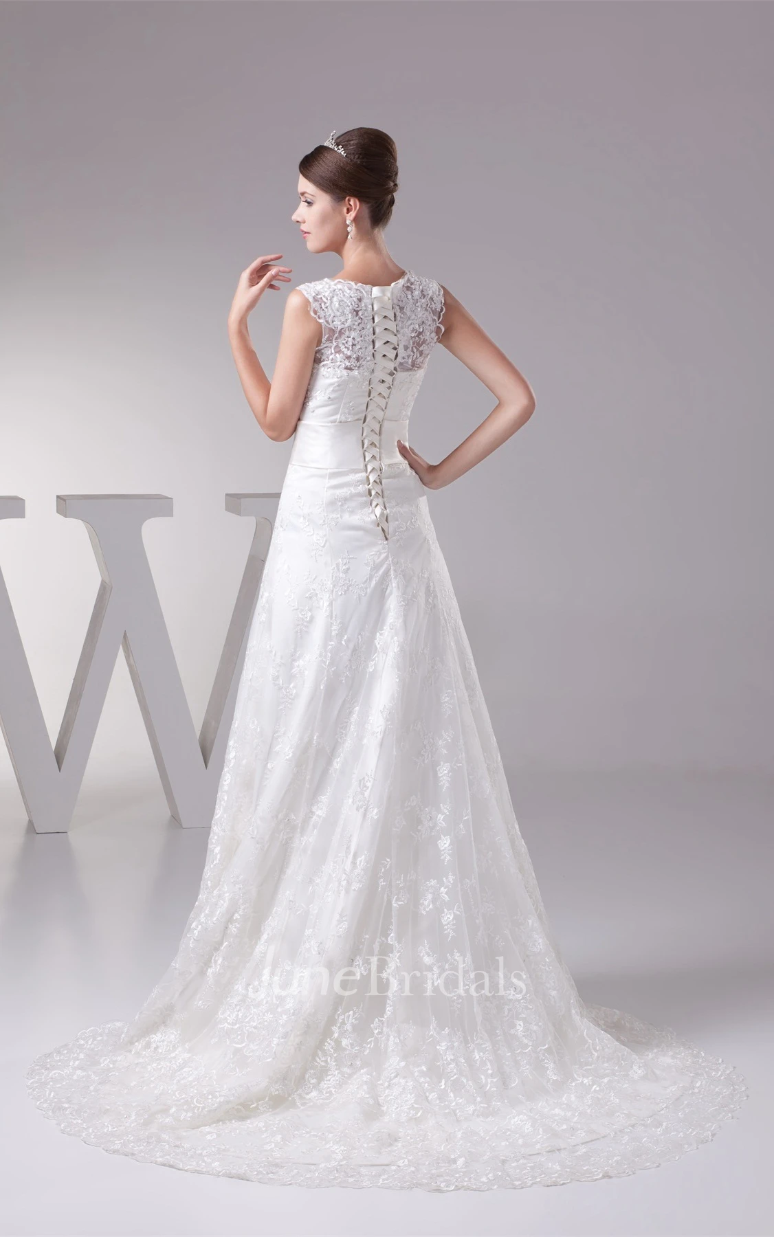 Bateau-Neck Sleeveless A-Line Gown with Appliques