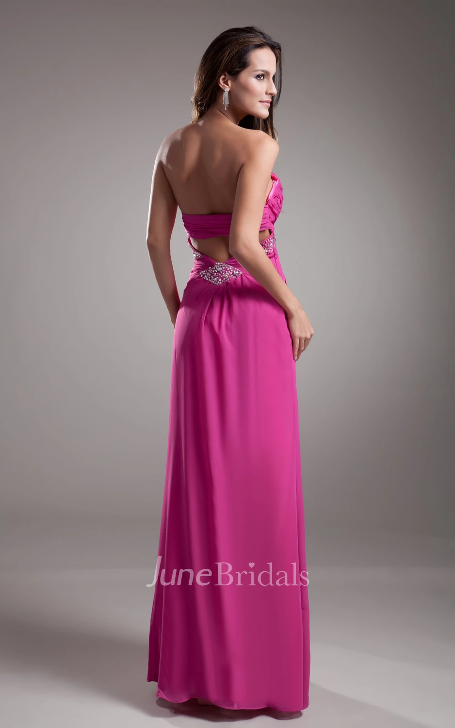 Soft Flowing Fabric Sweetheart Sleeveless Dress With Crystal Detailing And Draping