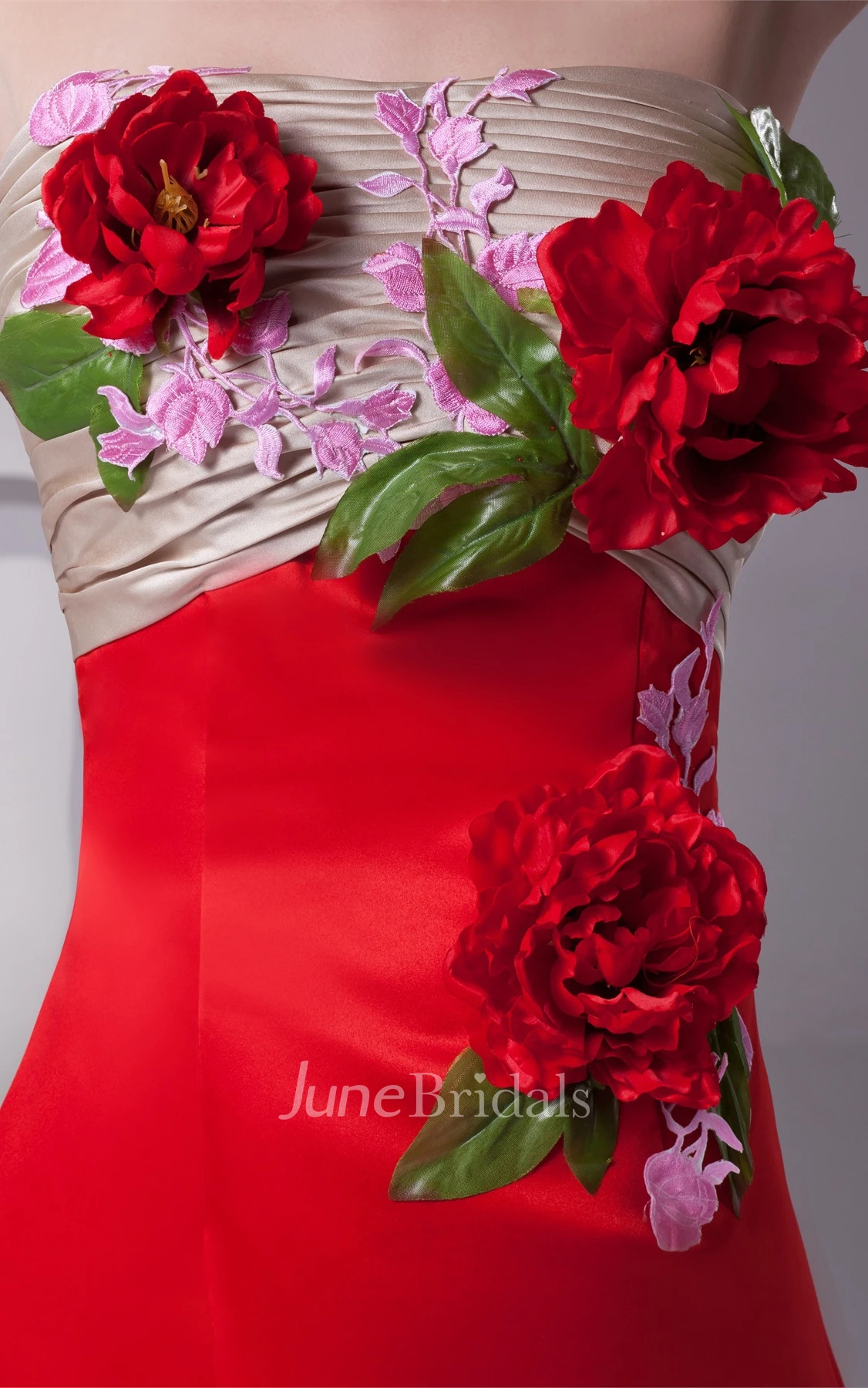 Floral Strapless Ruched Mermaid Satin Gown with Appliques