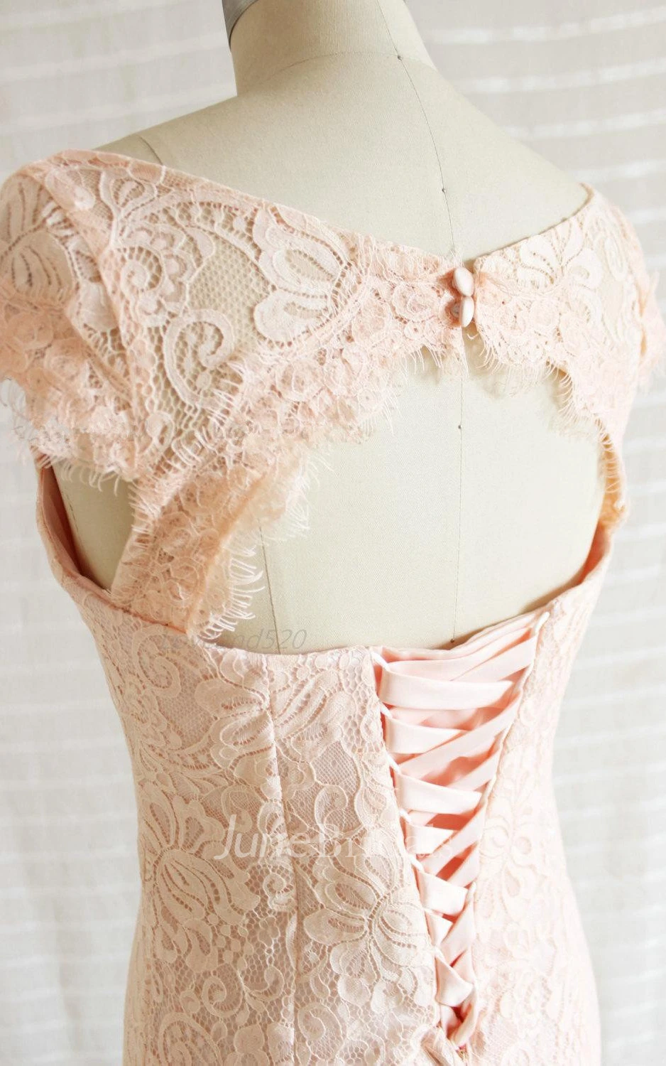 Bateau-neck Sneath Lace Dress With Lace Up Back