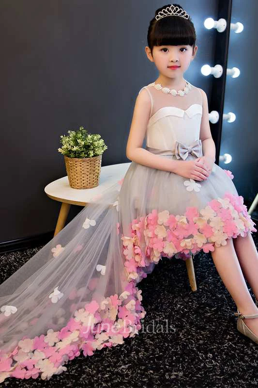 Sleeveless Pearl Neckline High Low Tulle Dress With Flowers