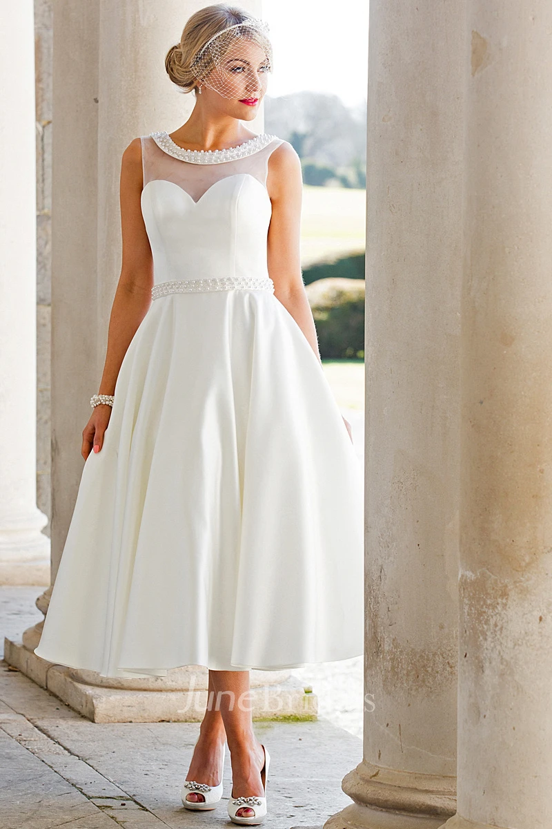 A-Line Tea-Length Sleeveless Jeweled Scoop Neck Satin Wedding Dress - June  Bridals