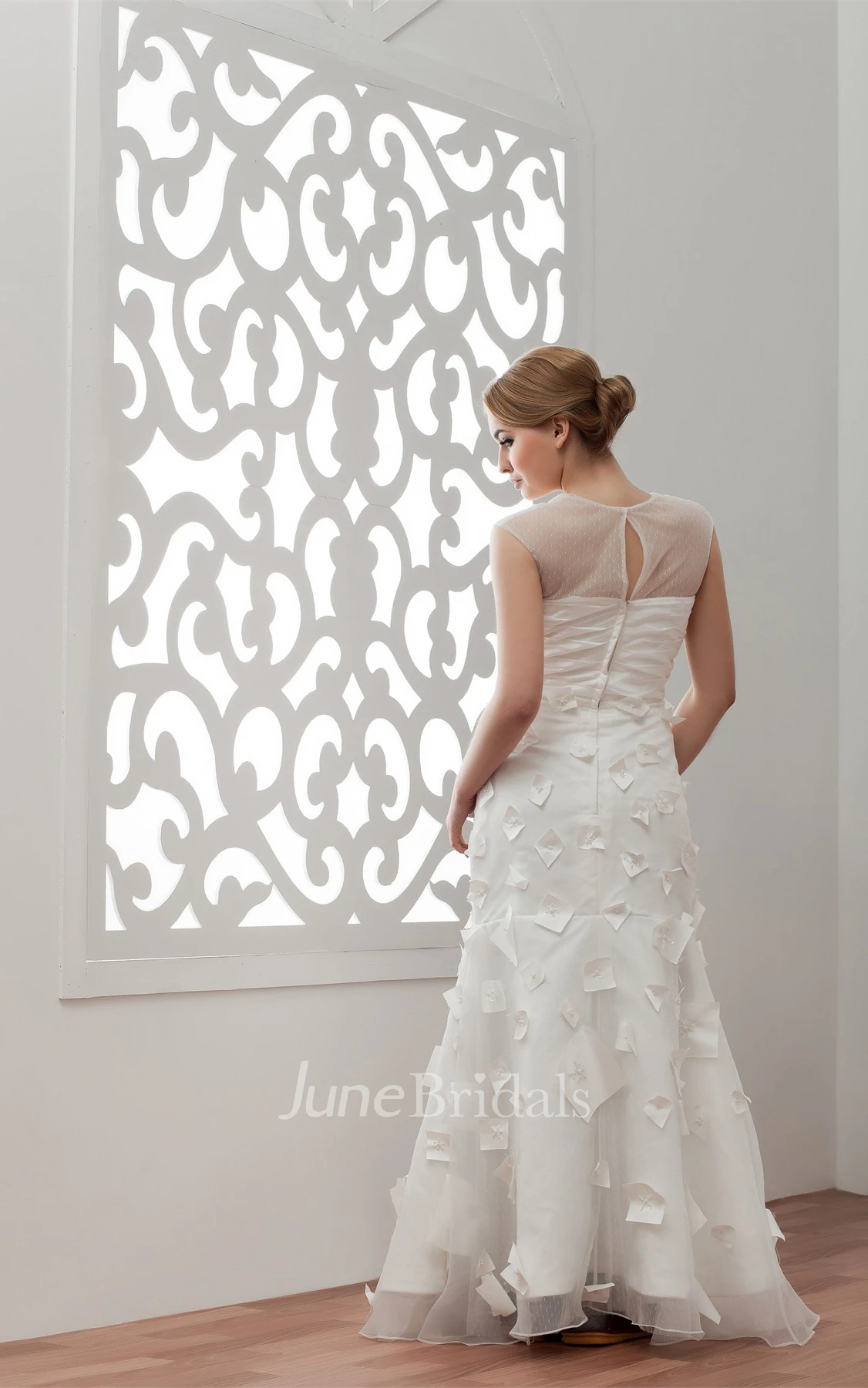 Plunged Illusion Floor-Length Dress with Ruching and Flower