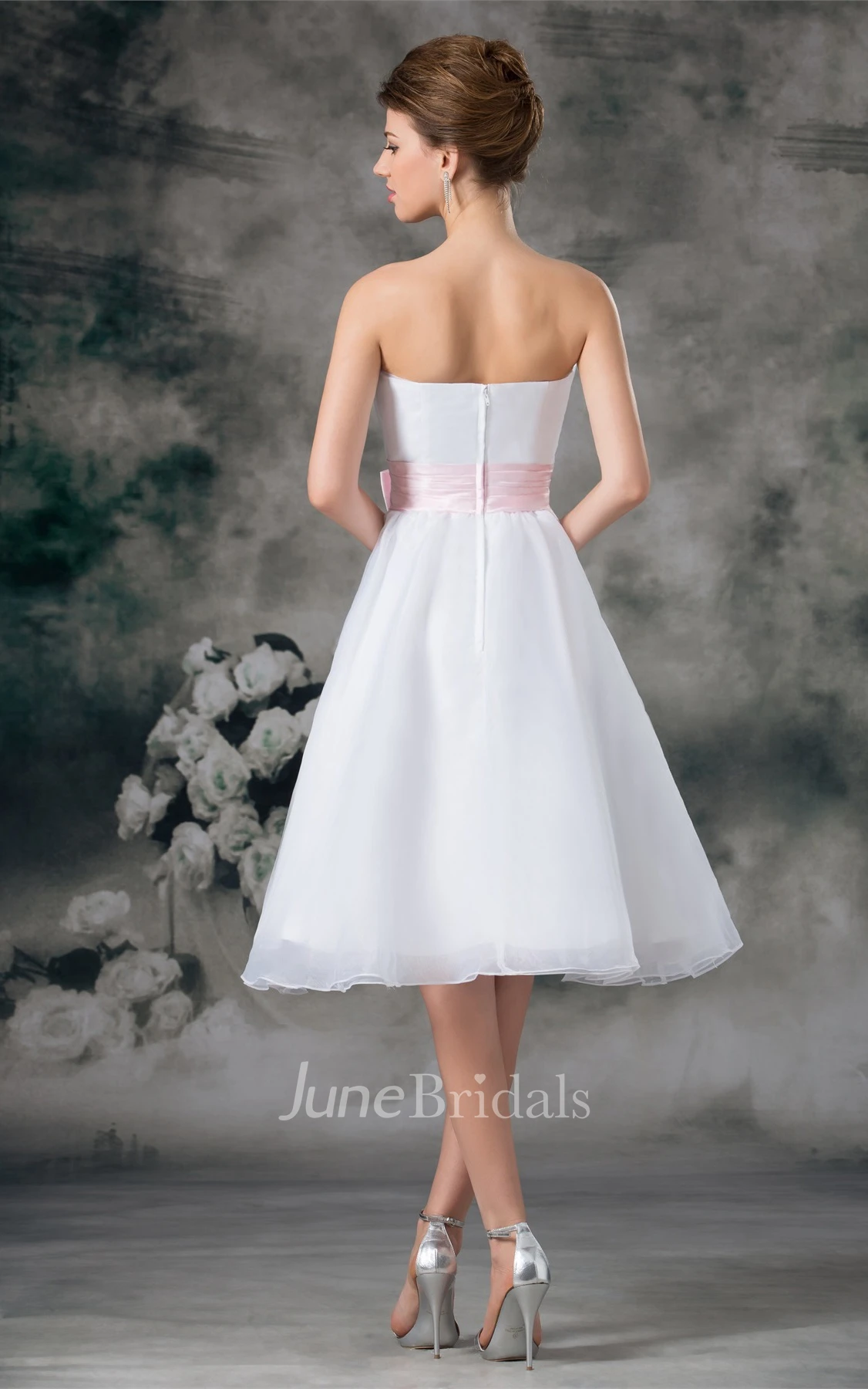 strapless tea-length a-line dress with zipper back and bow