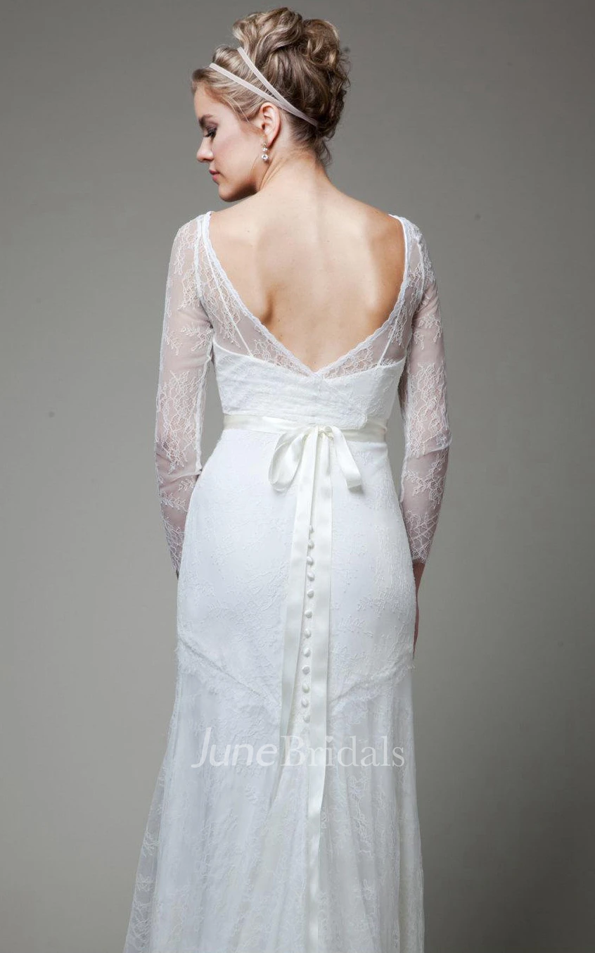 Bateau Illusion Sleeve Sheath Lace Wedding Dress With Sash And Low-V Back