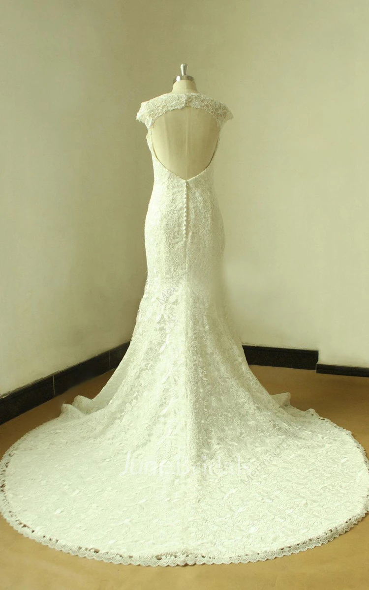 Cap Sleeve Lace Satin Dress With Keyhole Back