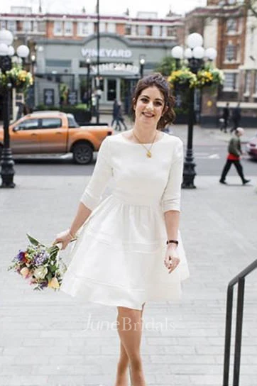 3/4 Sleeve Knee Length Satin Wedding Dress With Bateau Neckline And Ruching