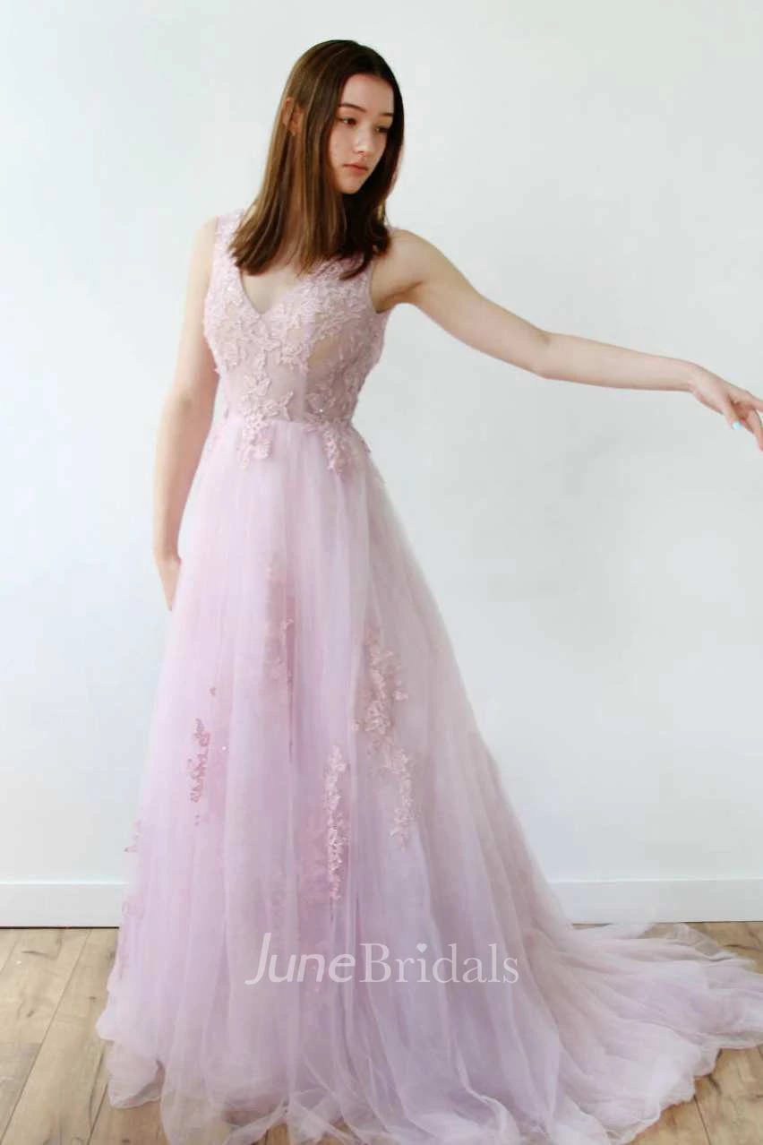 Plunged Sleeveless Tulle A-Line Dress With Appliques And Deep-V Back