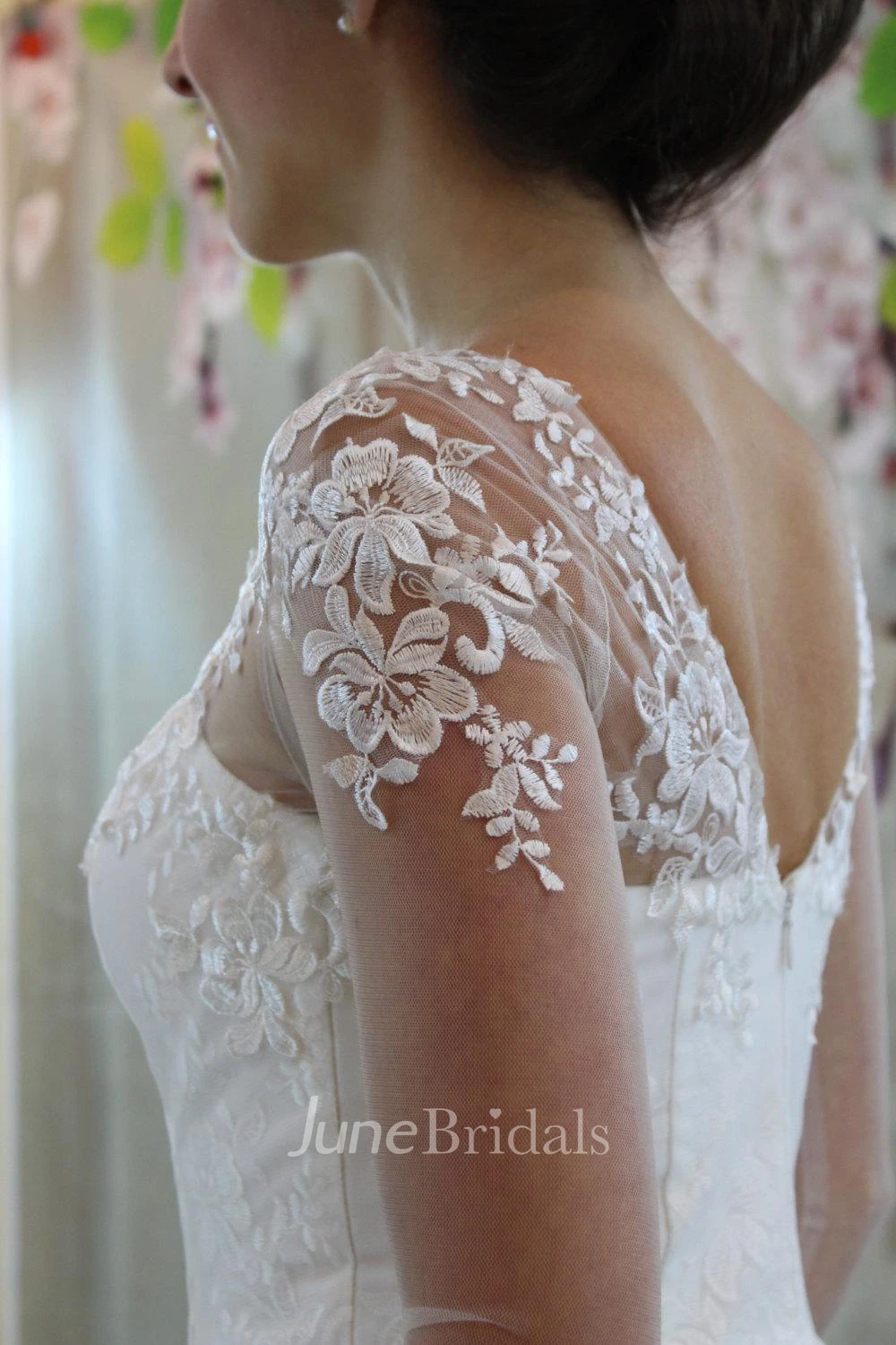 Bateau Neck Long Illusion Sleeve A-Line Wedding Dress With Organza Overlay